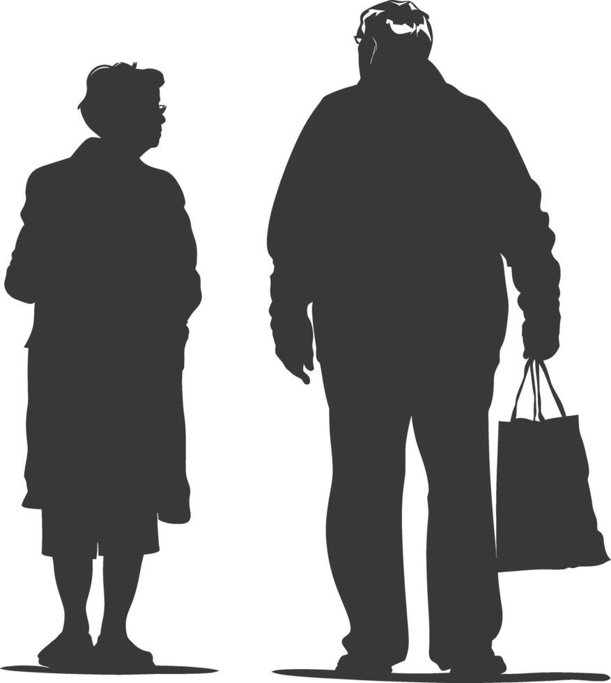 Silhouette elderly man and elderly women with Shopping basket full body black color only vector