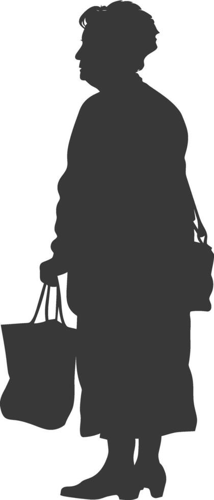 Silhouette elderly woman with Shopping basket full body black color only vector