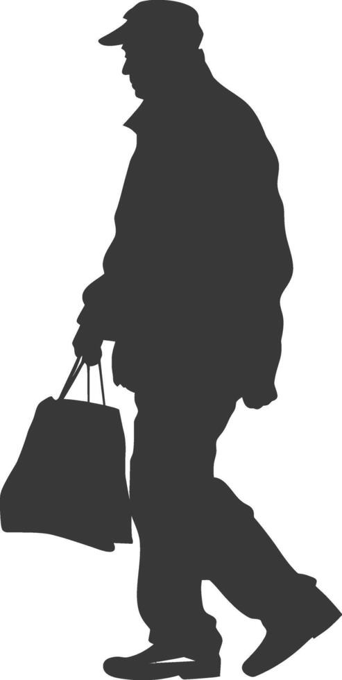 Silhouette elderly man with Shopping basket full body black color only vector