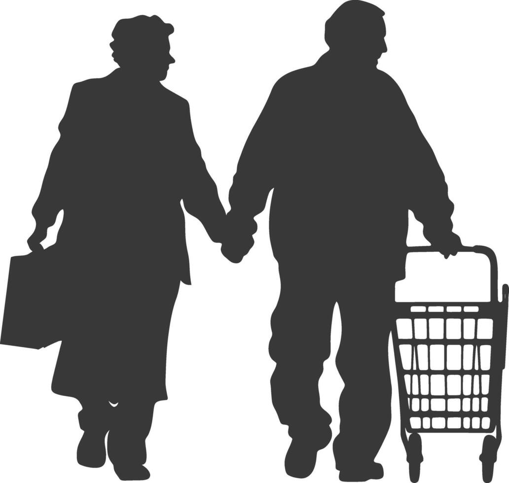 Silhouette elderly man and elderly women with Shopping basket full body black color only vector