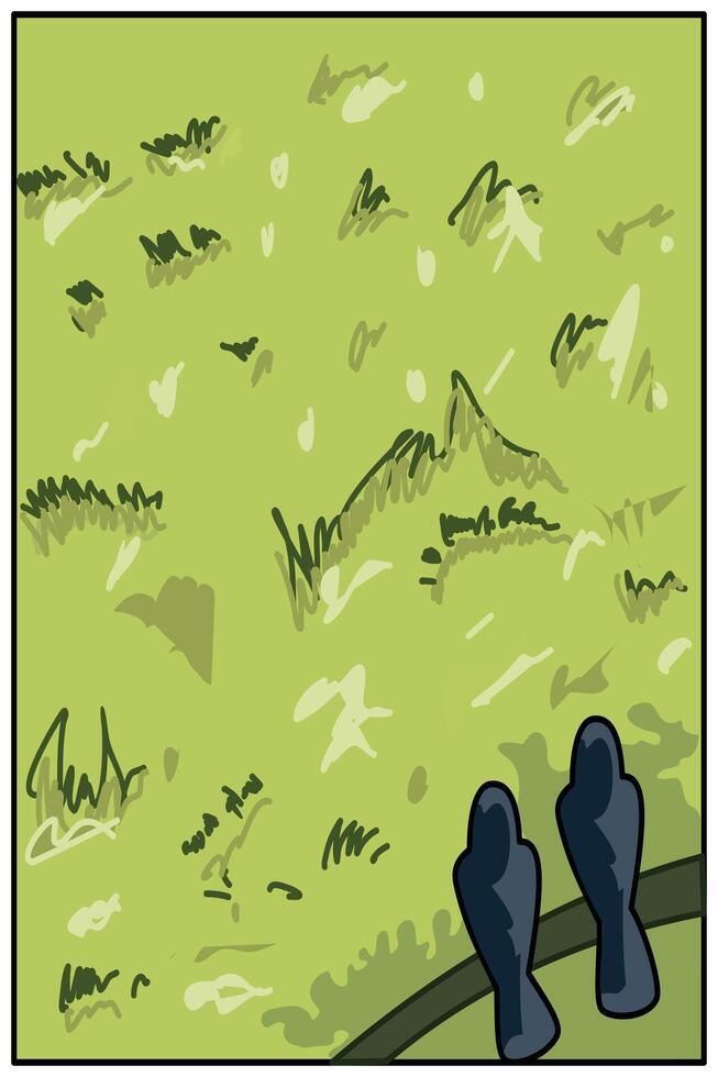 Illustration of a background with grass and mountains in the background. graphic design Illustration of a grass field with two crows perched on a branch vector