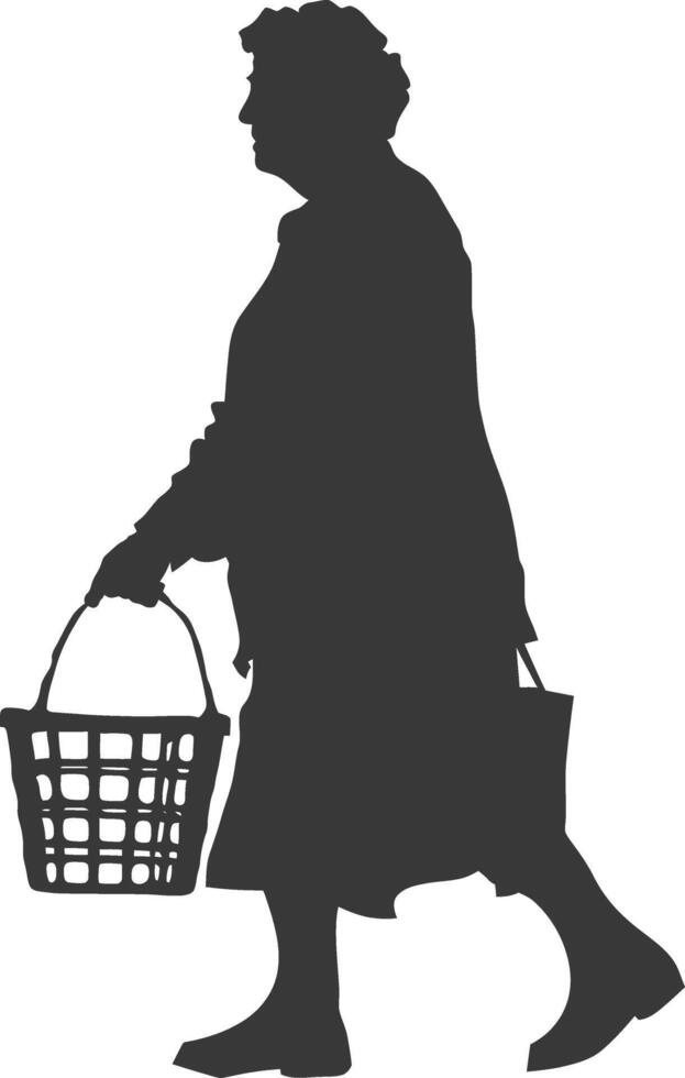 Silhouette elderly women with Shopping basket full body black color only vector