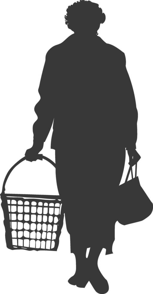 Silhouette elderly women with Shopping basket full body black color only vector