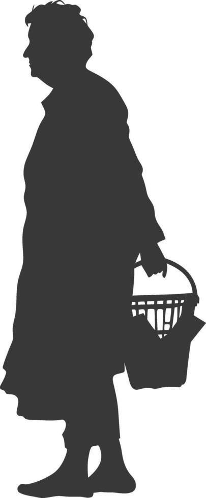 Silhouette elderly women with Shopping basket full body black color only vector