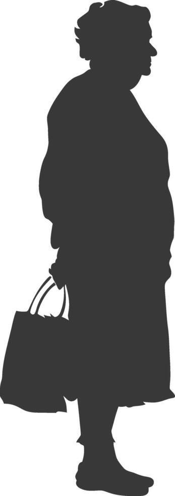 Silhouette elderly woman with Shopping basket full body black color only vector