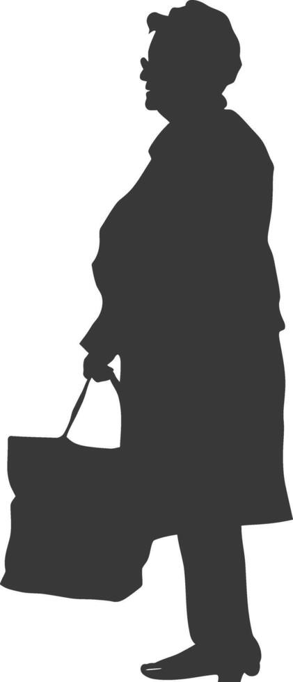 Silhouette elderly woman with Shopping basket full body black color only vector