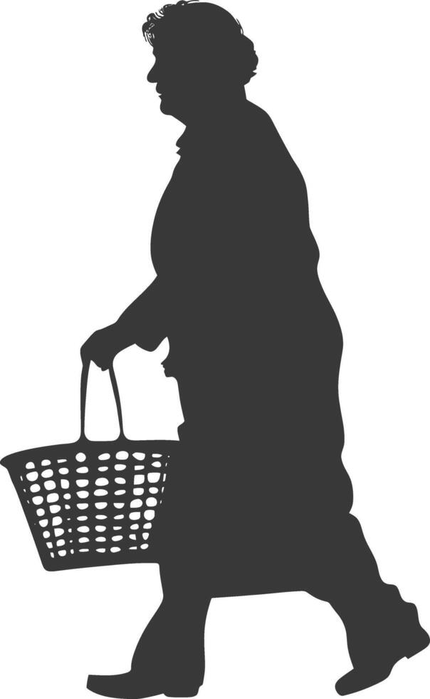 Silhouette elderly women with Shopping basket full body black color only vector