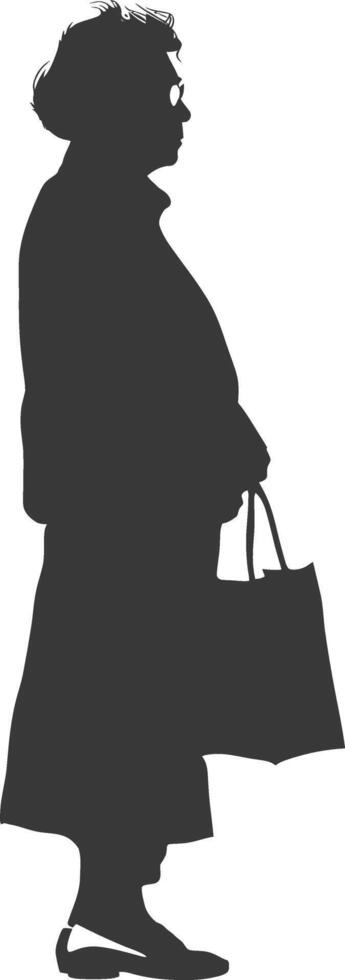 Silhouette elderly woman with Shopping basket full body black color only vector