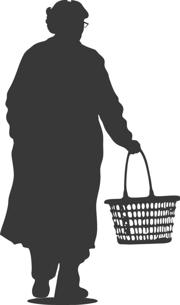 Silhouette elderly women with Shopping basket full body black color only vector