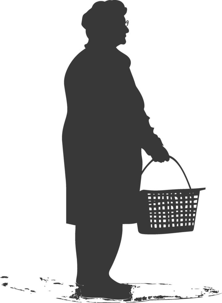 Silhouette elderly women with Shopping basket full body black color only vector