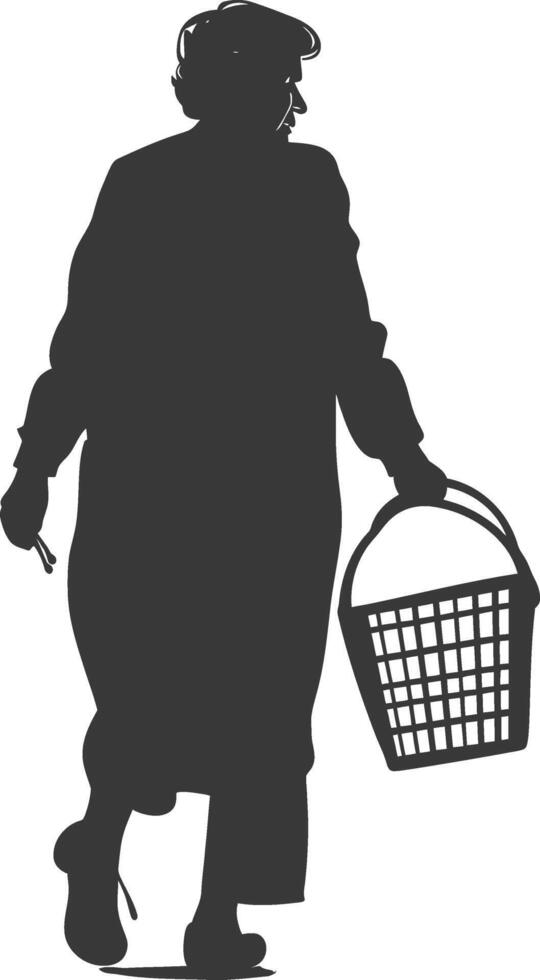 Silhouette elderly women with Shopping basket full body black color only vector