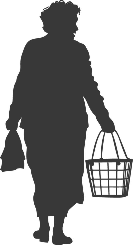 Silhouette elderly women with Shopping basket full body black color only vector
