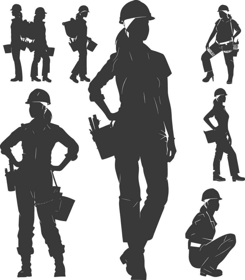 Silhouette engineer women in action full body black color only vector