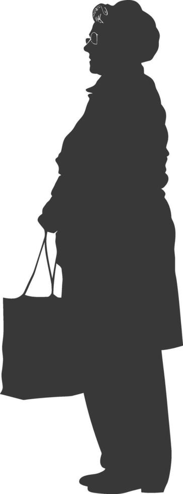 Silhouette elderly woman with Shopping basket full body black color only vector