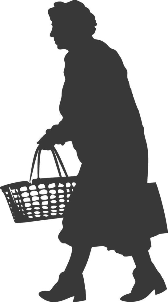 Silhouette elderly women with Shopping basket full body black color only vector
