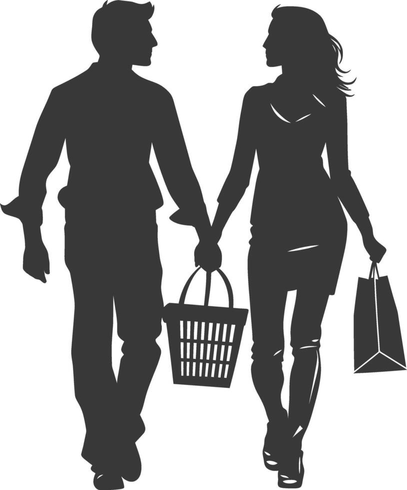 Silhouette man and women with Shopping basket full body black color only vector