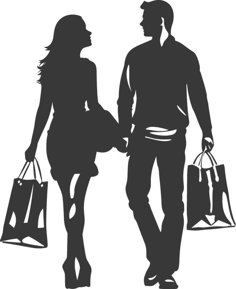 Silhouette man and women with Shopping basket full body black color only vector