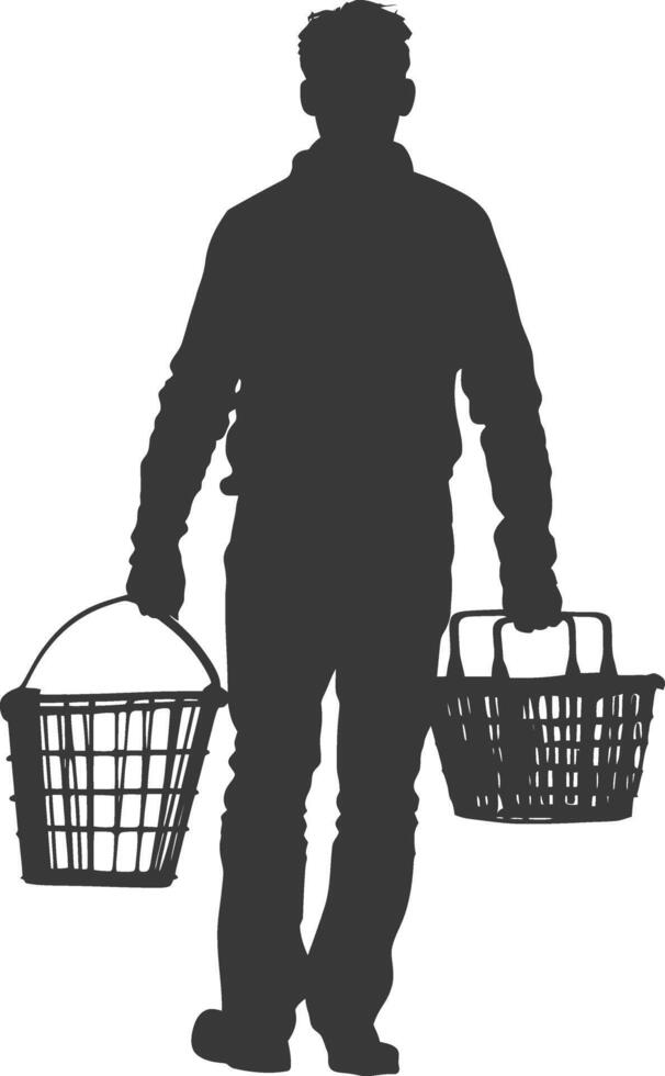 Silhouette man with Shopping basket full body black color only vector