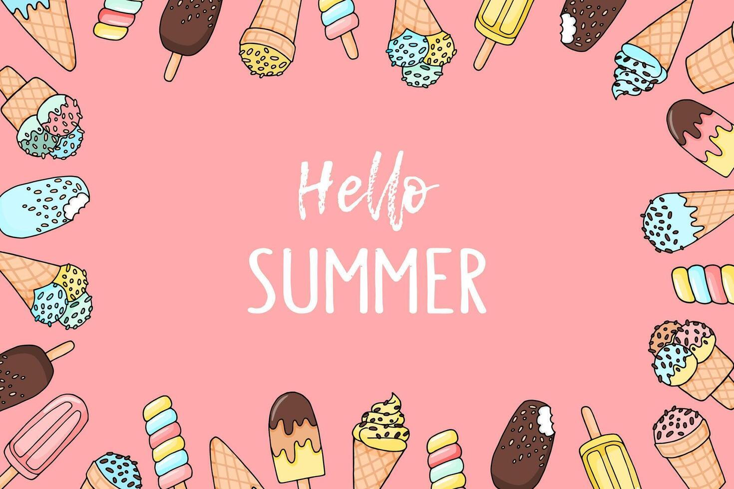 Ice cream background with place for text. Hand drawn ice cream on pink background. Summer concept. vector