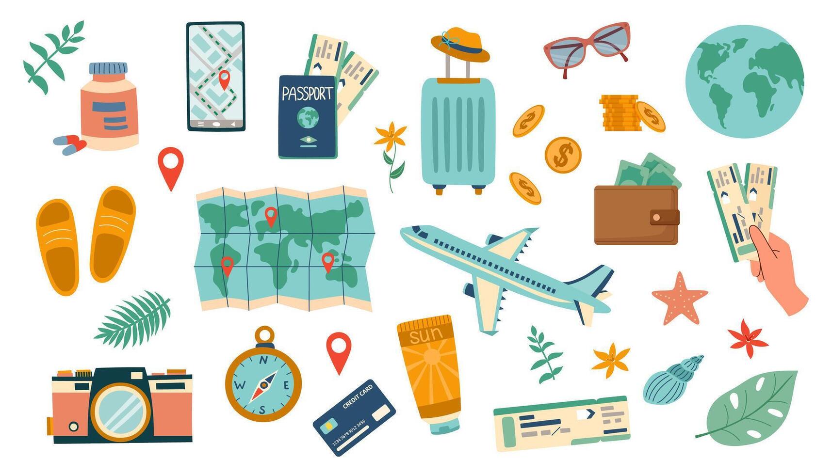 Travel set. Travel concept. Set of travel objects isolated on white. Hand drawn flat illustration. vector