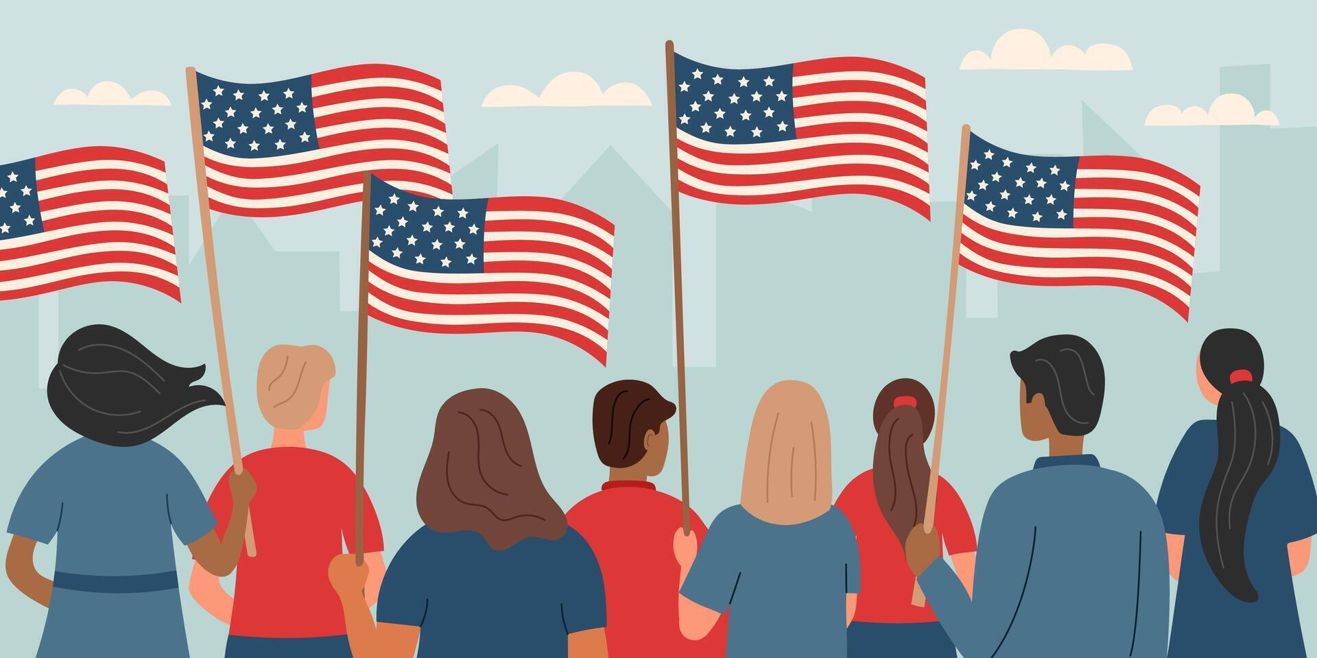Memorial day and Independence day concept. Demonstration concept. People with american flags turned back. Hand drawn flat illustration. vector