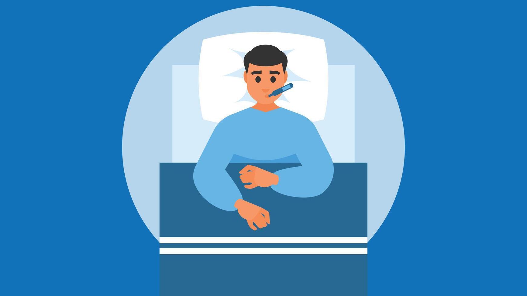 Sick boy with fever in bed illustration vector