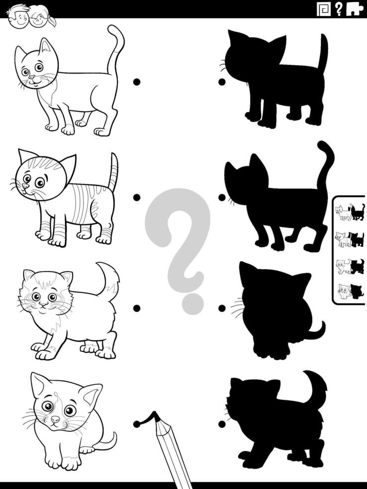 shadow game with cartoon kitten characters coloring page vector