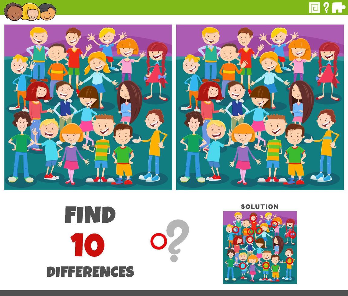 differences game with cartoon children characters group vector