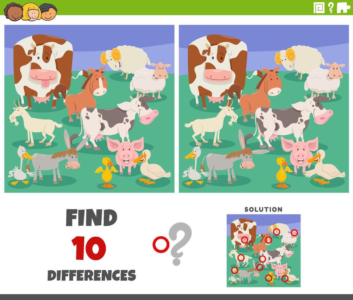 differences activity with cartoon farm animals group vector