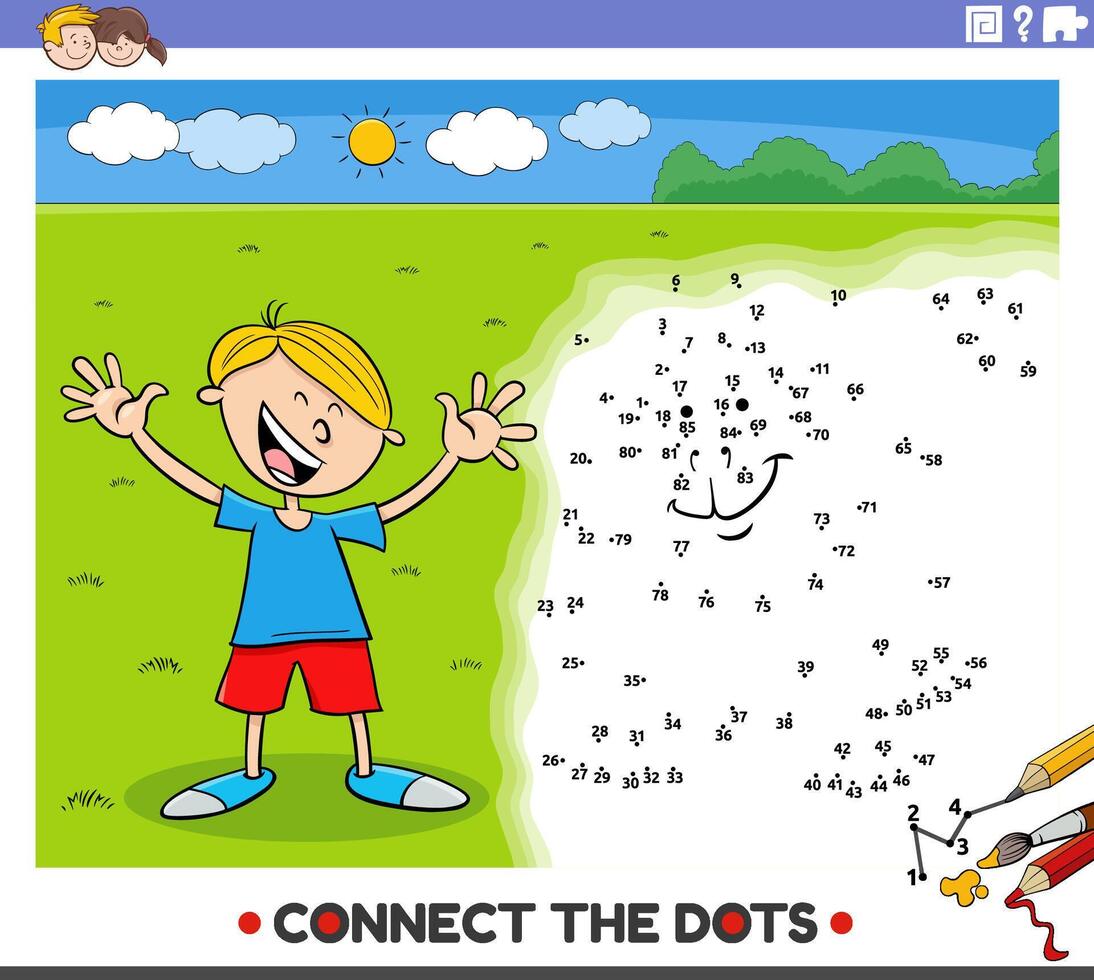 connect the dots activity with cartoon boy and dog vector
