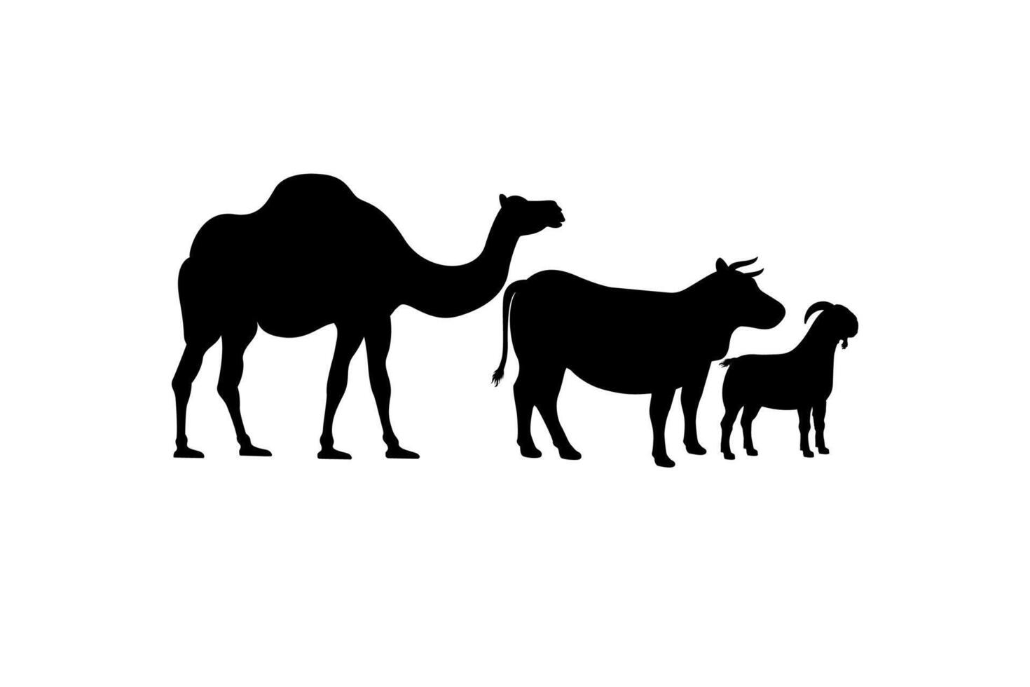 Cow, camel, and goat silhouettes for farm stock design. Eid al-Adha sacrifice animal silhouette illustration vector