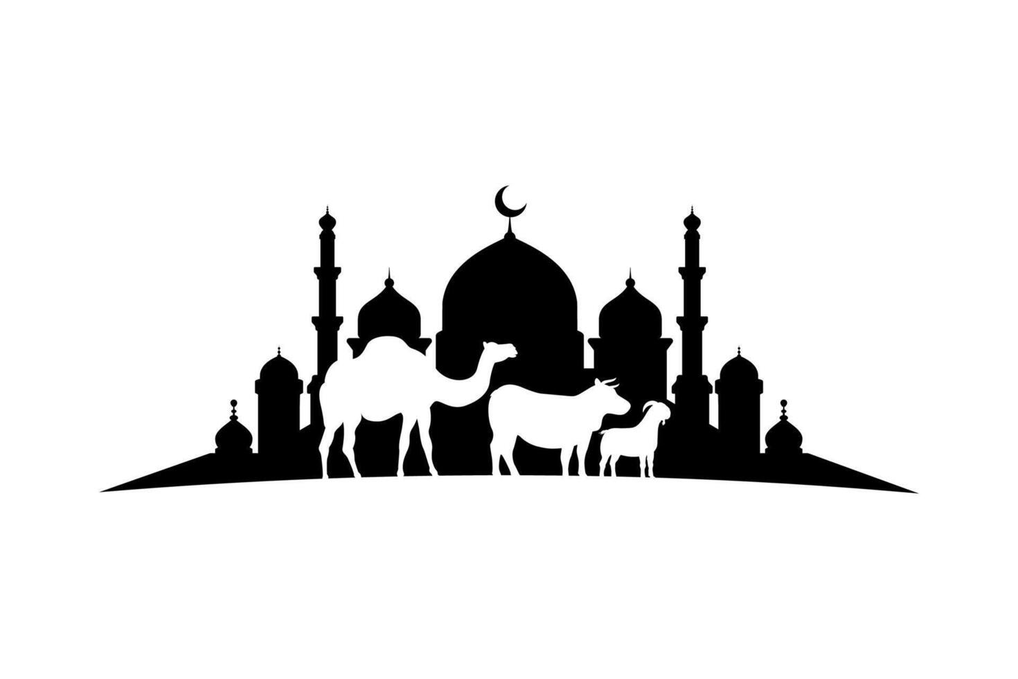 Eid al-Adha Mubarak background template with mosque and sacrifice animals silhouette. Camel, cow, and goat vector