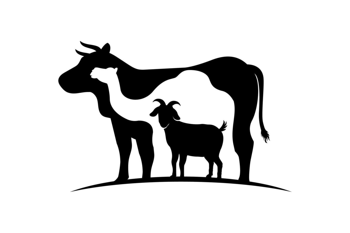Eid al-Adha sacrifice animal silhouette illustration. Cow, camel, and goat silhouette in negative space style vector