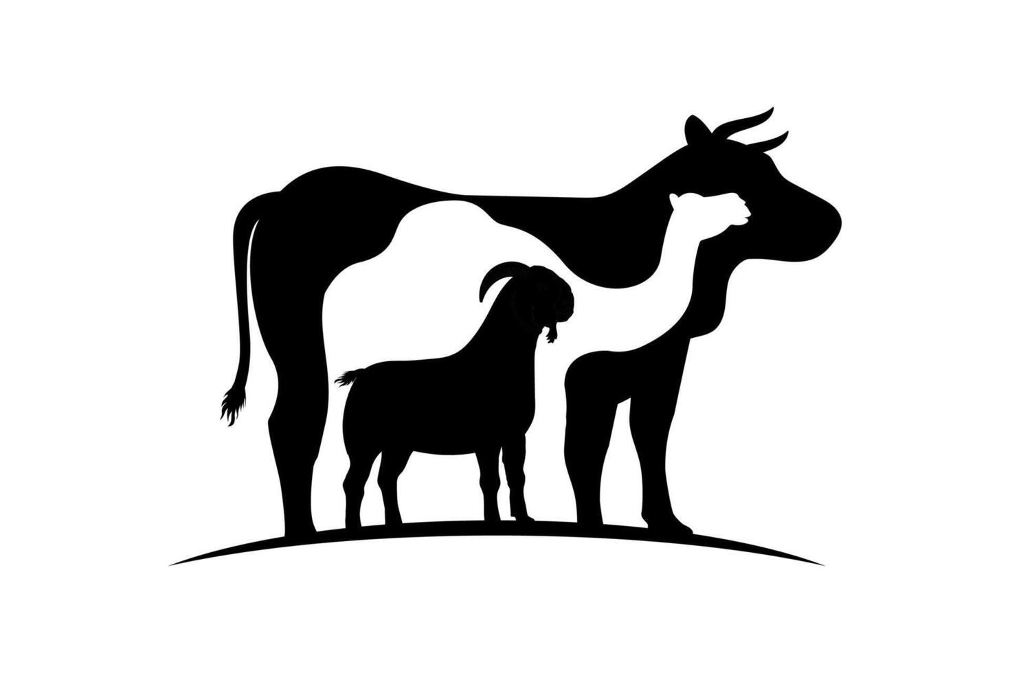 Eid al-Adha sacrifice animal silhouette illustration. Cow, camel, and goat silhouette in negative space style vector