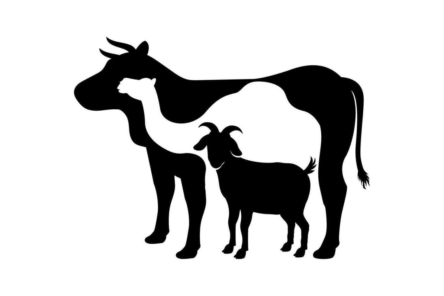 Eid al-Adha sacrifice animal silhouette illustration. Cow, camel, and goat silhouette in negative space style vector