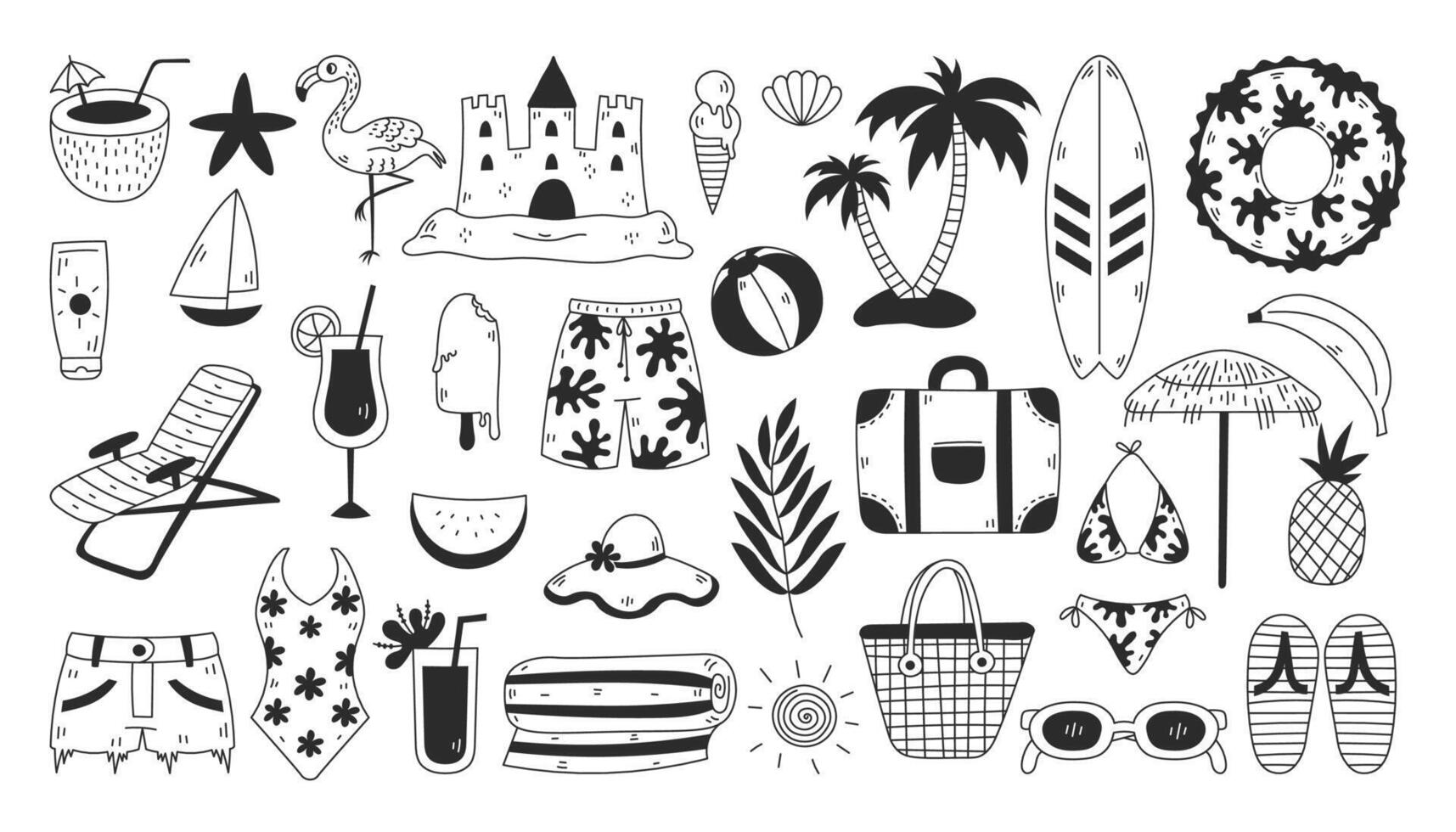 Summer Beach Doodle Elements Set vector