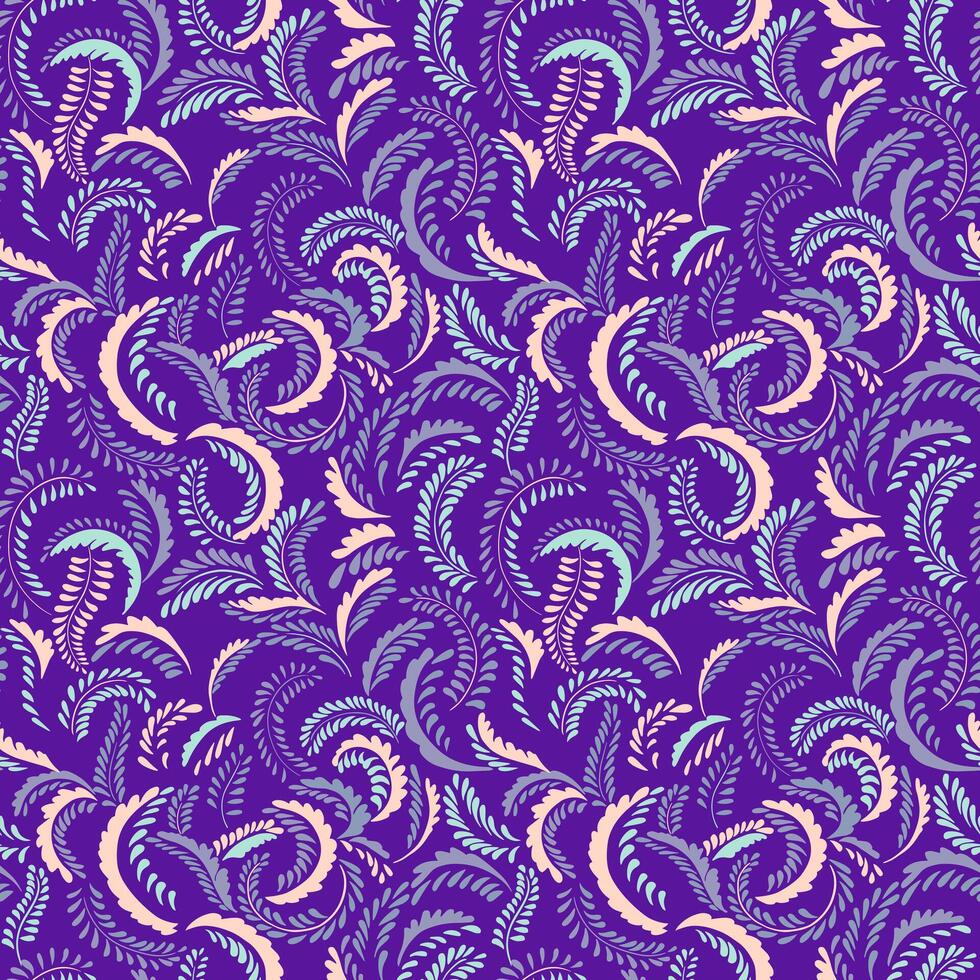 Creative branches in tiny shapes dots, drops, spots seamless pattern. hand drawing sketch. Violet background with abstract textured twisted stems. Simple monogram printing. Template for design vector
