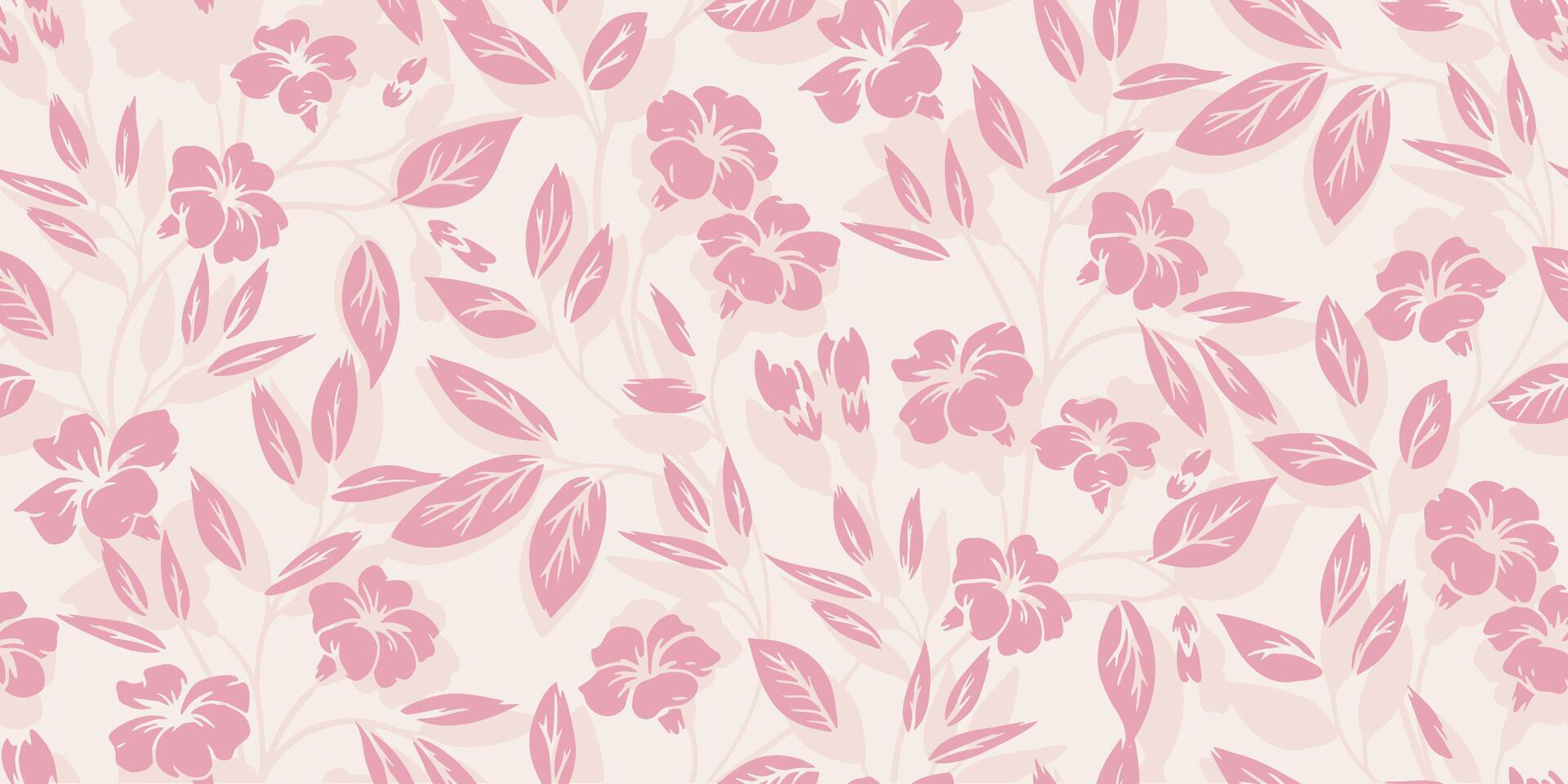 Abstract artistic shapes flowers, tiny buds, small leaves, silhouettes branches seamless pattern on a light beige background. Pastel pink floral stems printing. hand drawing. Nature ornament vector