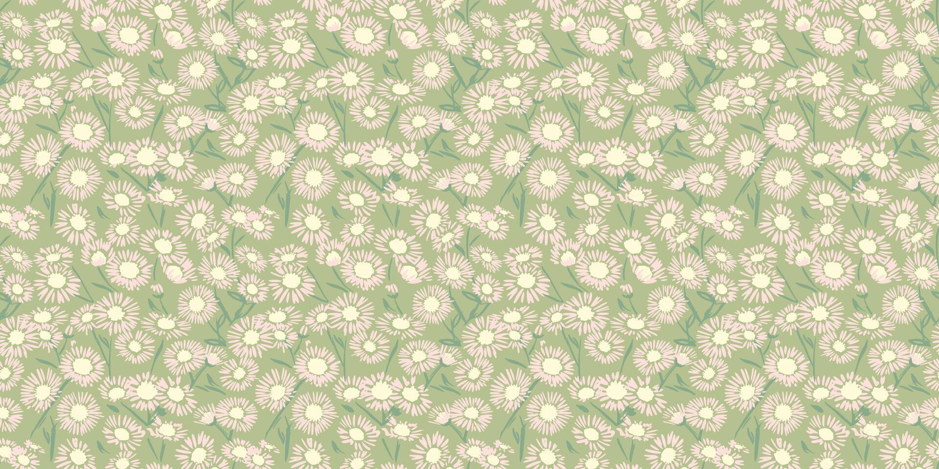 Blooming pastel wild meadow seamless pattern on a mint, green background. hand drawing. Abstract artistic chamomile flowers printing. Ornament repeated for designs, fabric, textiles, fashion vector