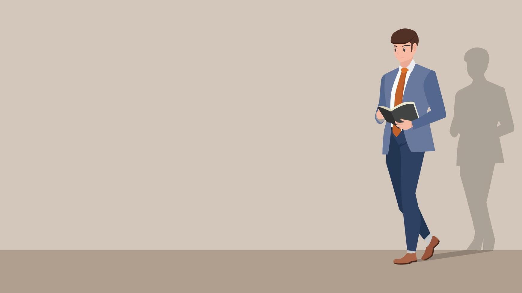 Businessman standing on the floor with holding book. Analyze something. With shadows hitting the walls. Background of ground and wall is soft brown color tone. vector