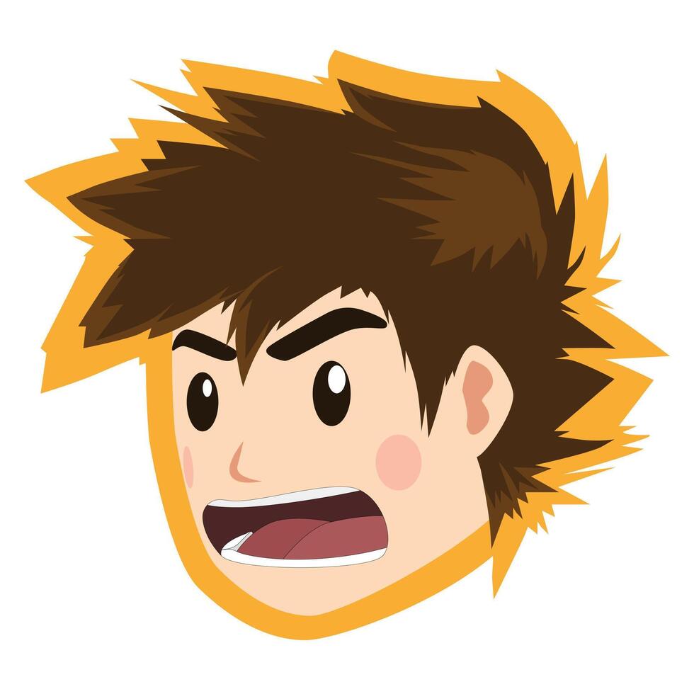 Cute cartoon boy face with orange background. Open your mouth and shout. Logo cartoon face on isolated white background. or Illustration. vector
