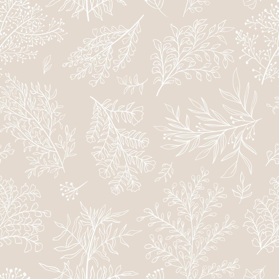 Botanic seamless pattern with leaves and branches. Endless background in trendy minimalistic linear style. Hand drawn outline design for fabric , print, cover, banner and invitation. vector