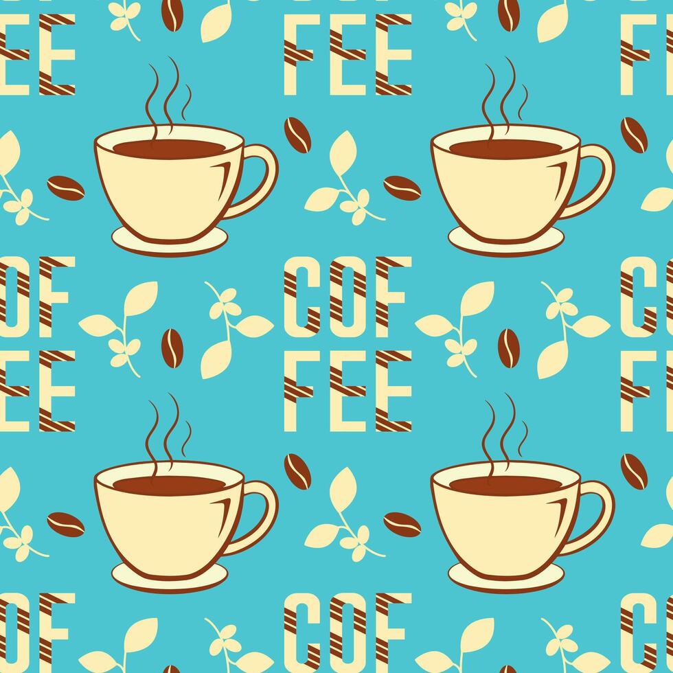 Coffee mugs with hot drink and coffee beans and letters seamless pattern on blue background. vector
