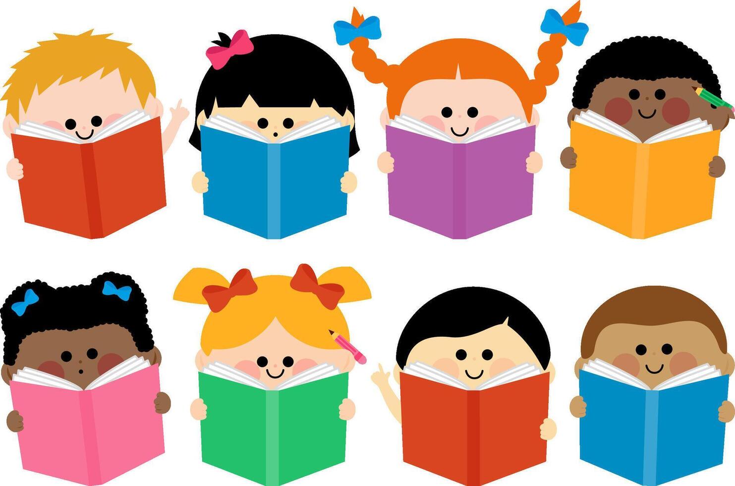 Diverse group of children reading books. Group of boys and girls reading books. Student preschooler kids study books. vector