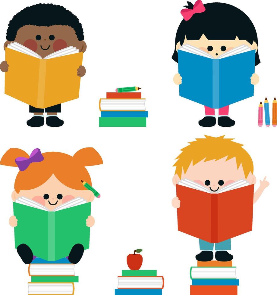 Children reading books. Happy diverse group of school boys and girls study homework. vector