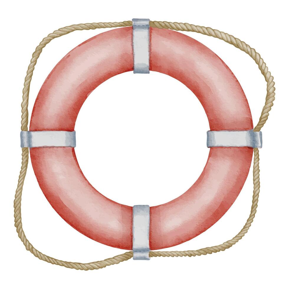 Lifebuoy watercolor illustration. Drawing of round life Preserver painted in ring and white colors for icon or logo. Hand drawn ring for safety in a sea on isolated background. Nautical art with rope vector