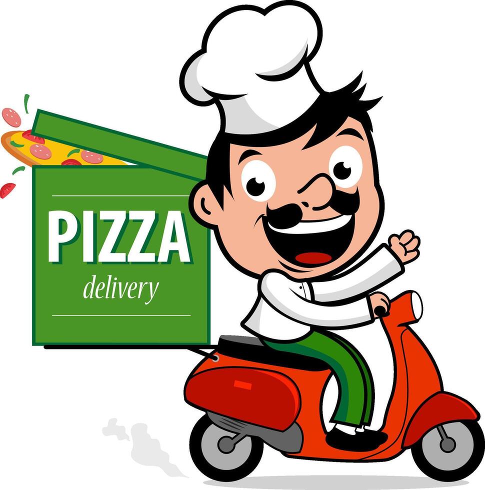 Pizzeria Italian cook on a scooter delivering a freshly baked pizza. Cartoon Italian pizza fast food delivery man in chef uniform riding a scooter and delivering a pizza. vector