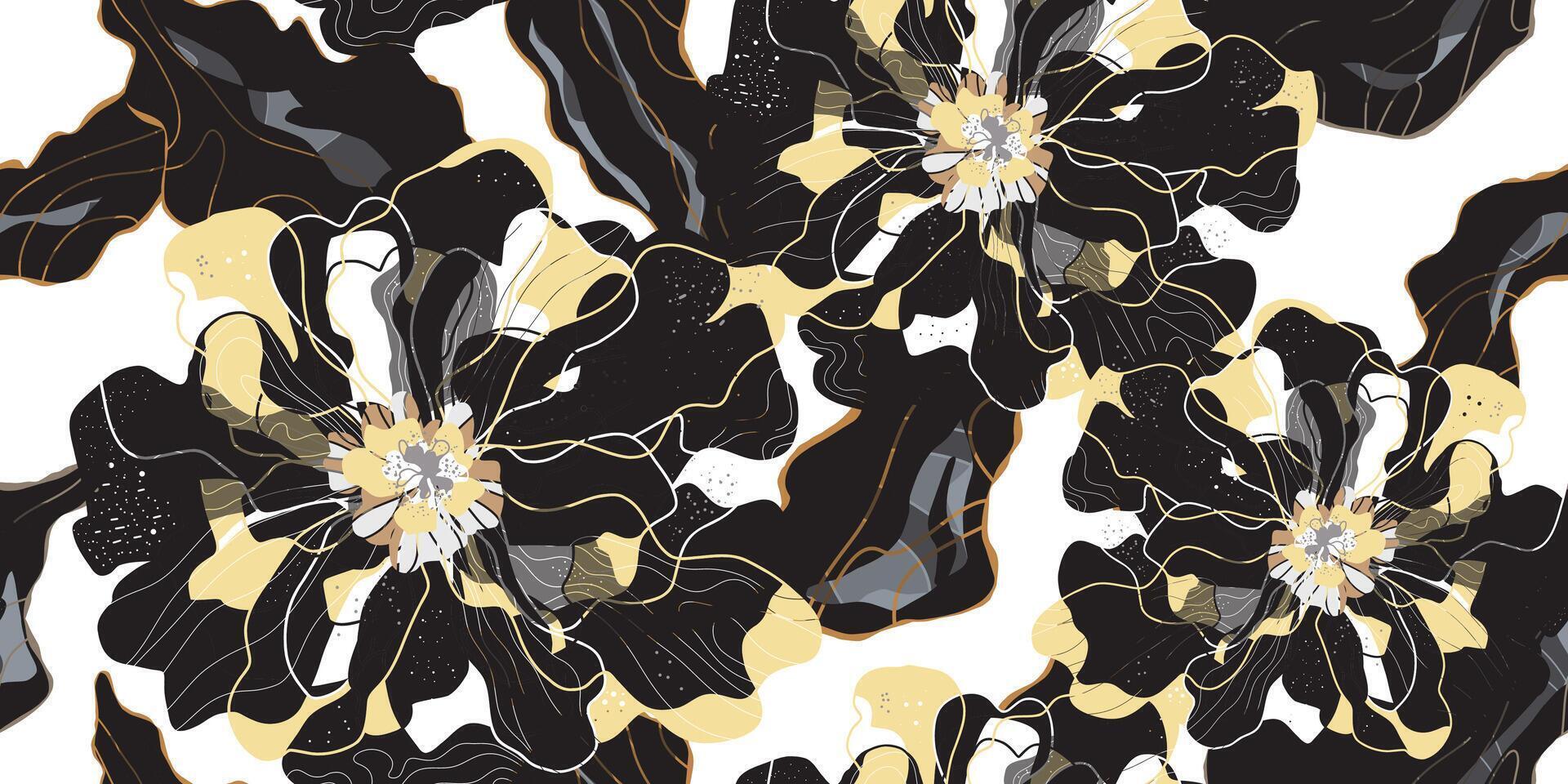 a black and white floral pattern with yellow flowers vector