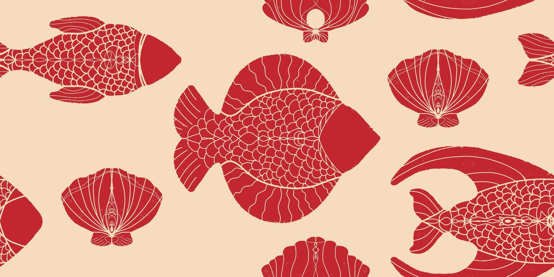 a pattern of fish and shells on a beige background vector