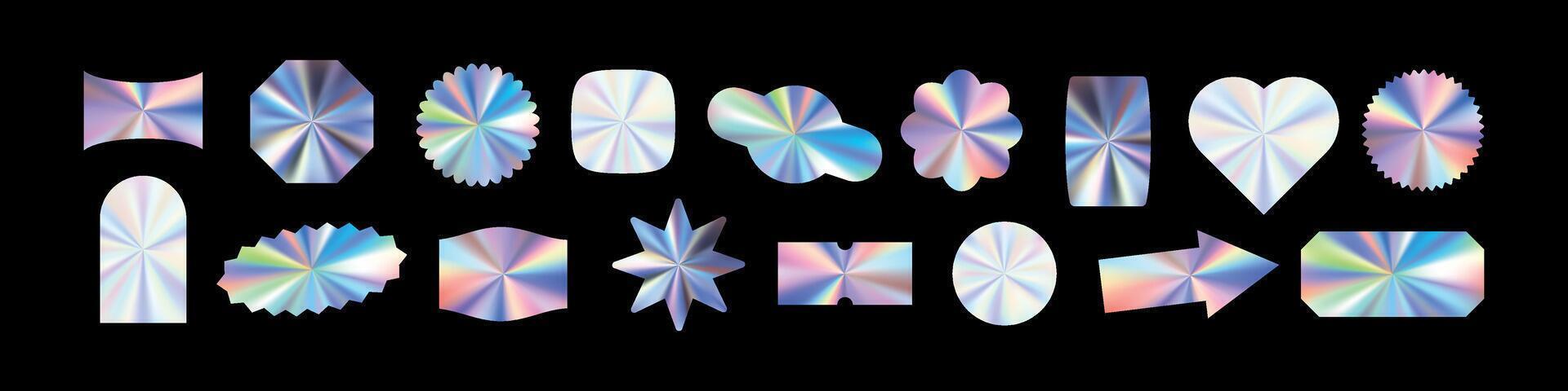 Holograph sticker with silver gradient and metal texture. Neon label, chrome tag, and holographic badge. Y2K price icon in circle shape with foil seal. Flat illustration isolated on white background. vector
